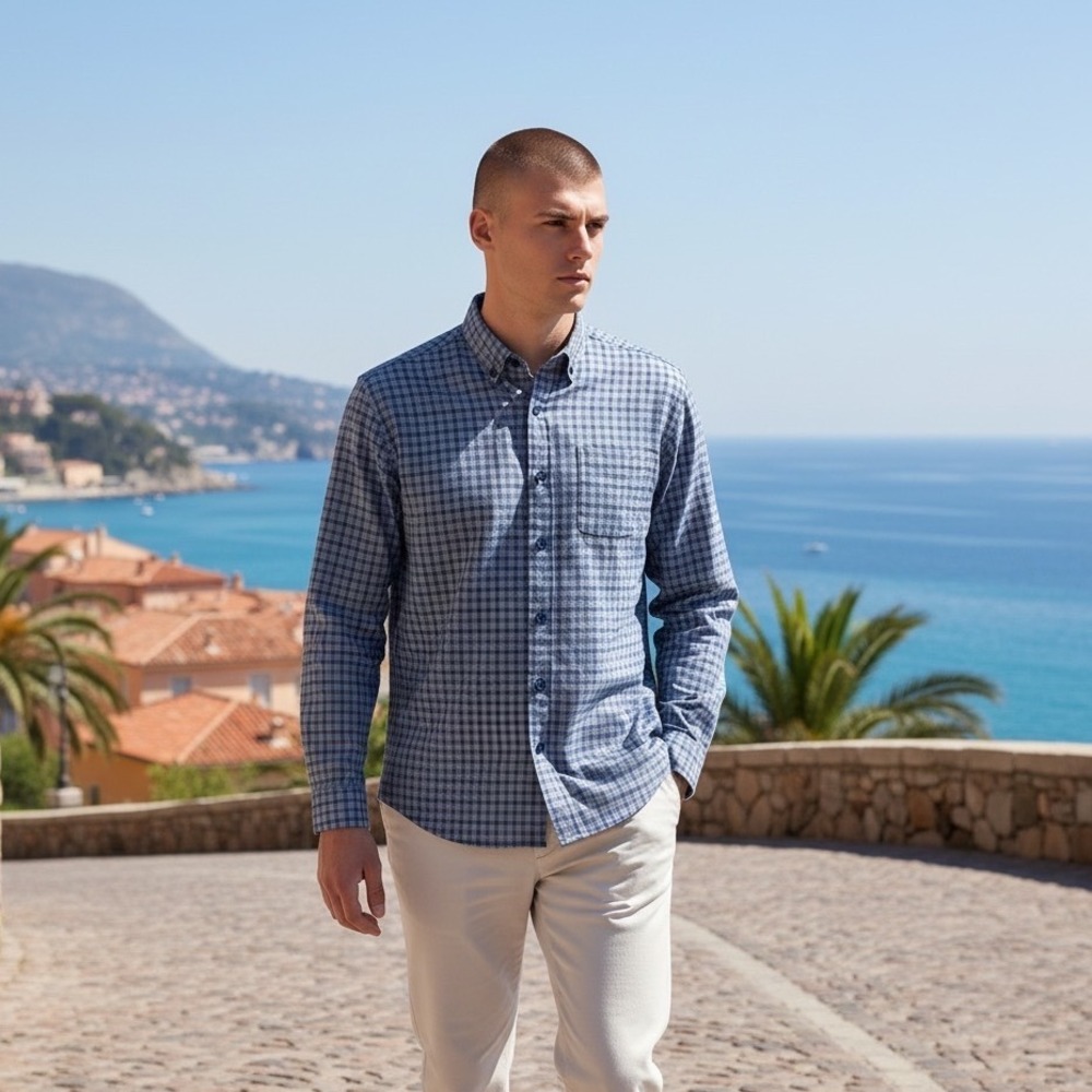 UNTUCKit Mens Medium Blue Grey Plaid Cotton Long Sleeve Button Down Shirt